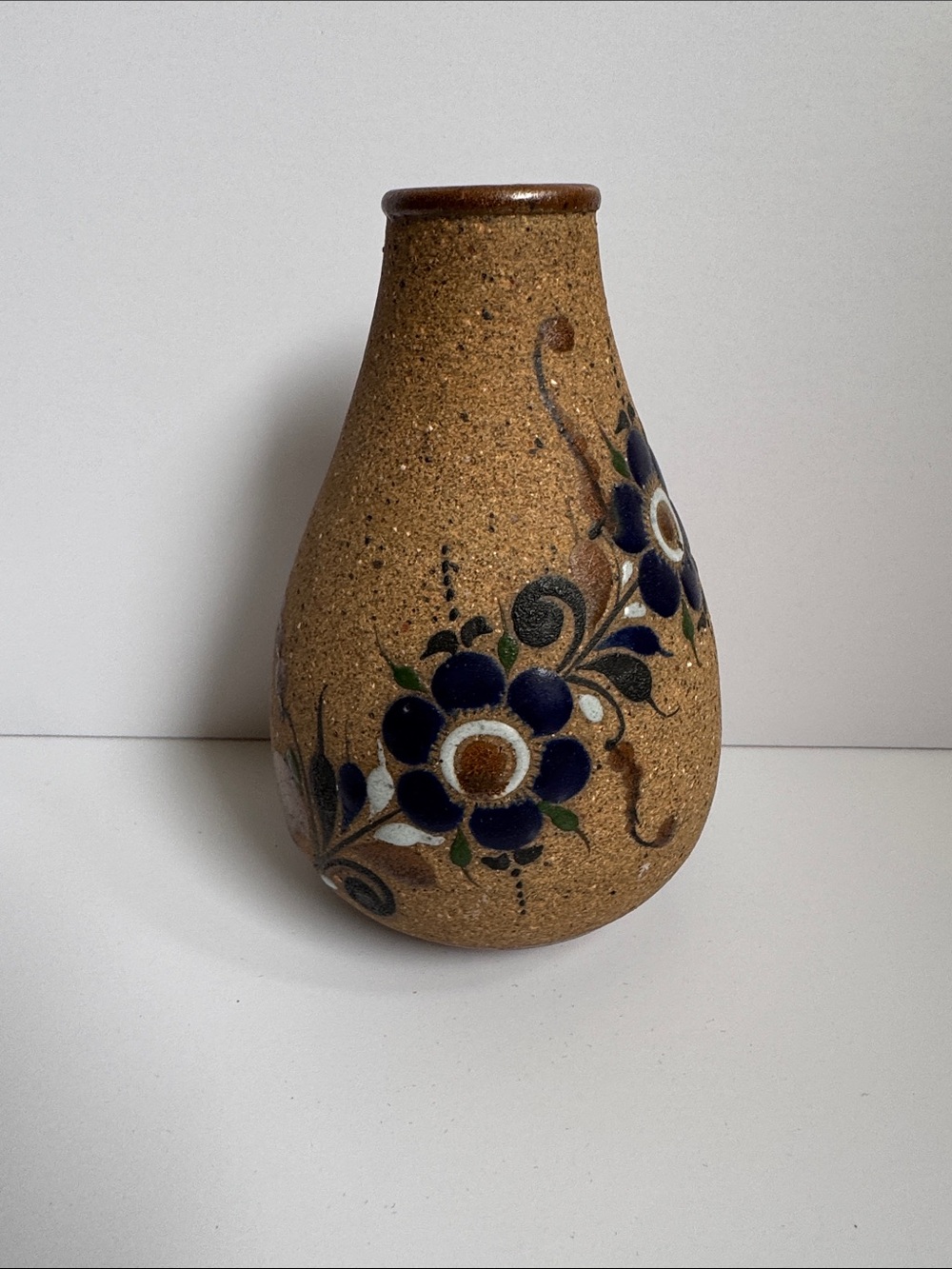 Vintage Stoneware‎ Pottery Vase Hand Painted Blue Floral Rustic Decor